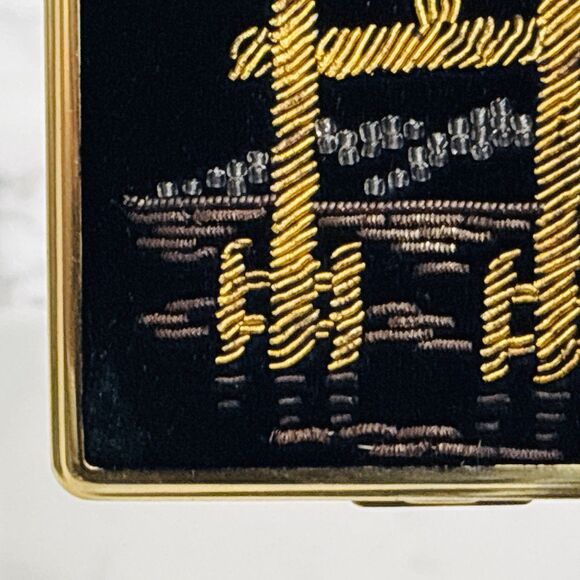 Vintage Compact Mirror Japan Black Velvet Beaded Gold Tone New Light - Picture 6 of 16